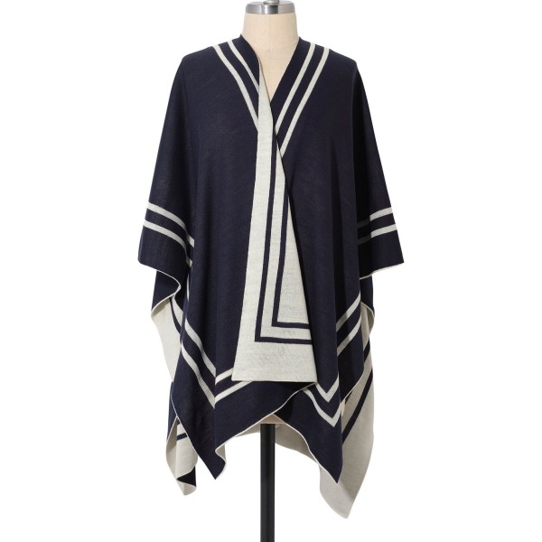 Women's Reversible Knit Striped Border Cape Sweater